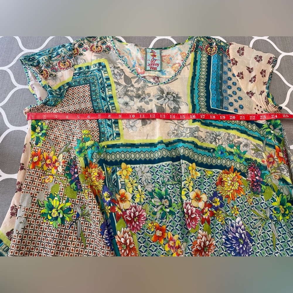 JOHNNY WAS Cupra Floral Short Sleeve Patchwork Boho Cotton Tunic Blouse - Picture 5 of 7